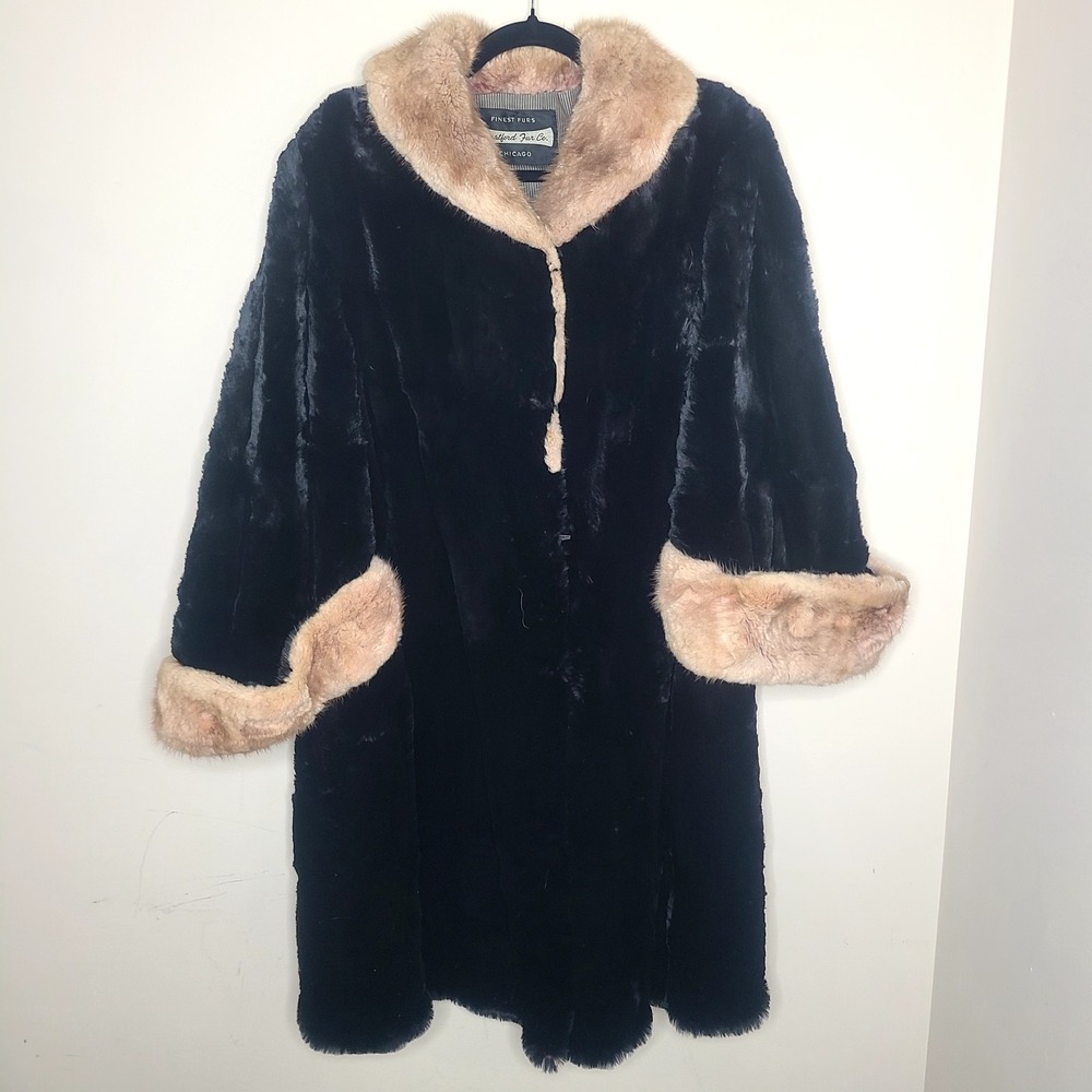 Vtg Stratford Fur Co Chicago MCM Black Fur Swing Coat Contrast Beige Collar